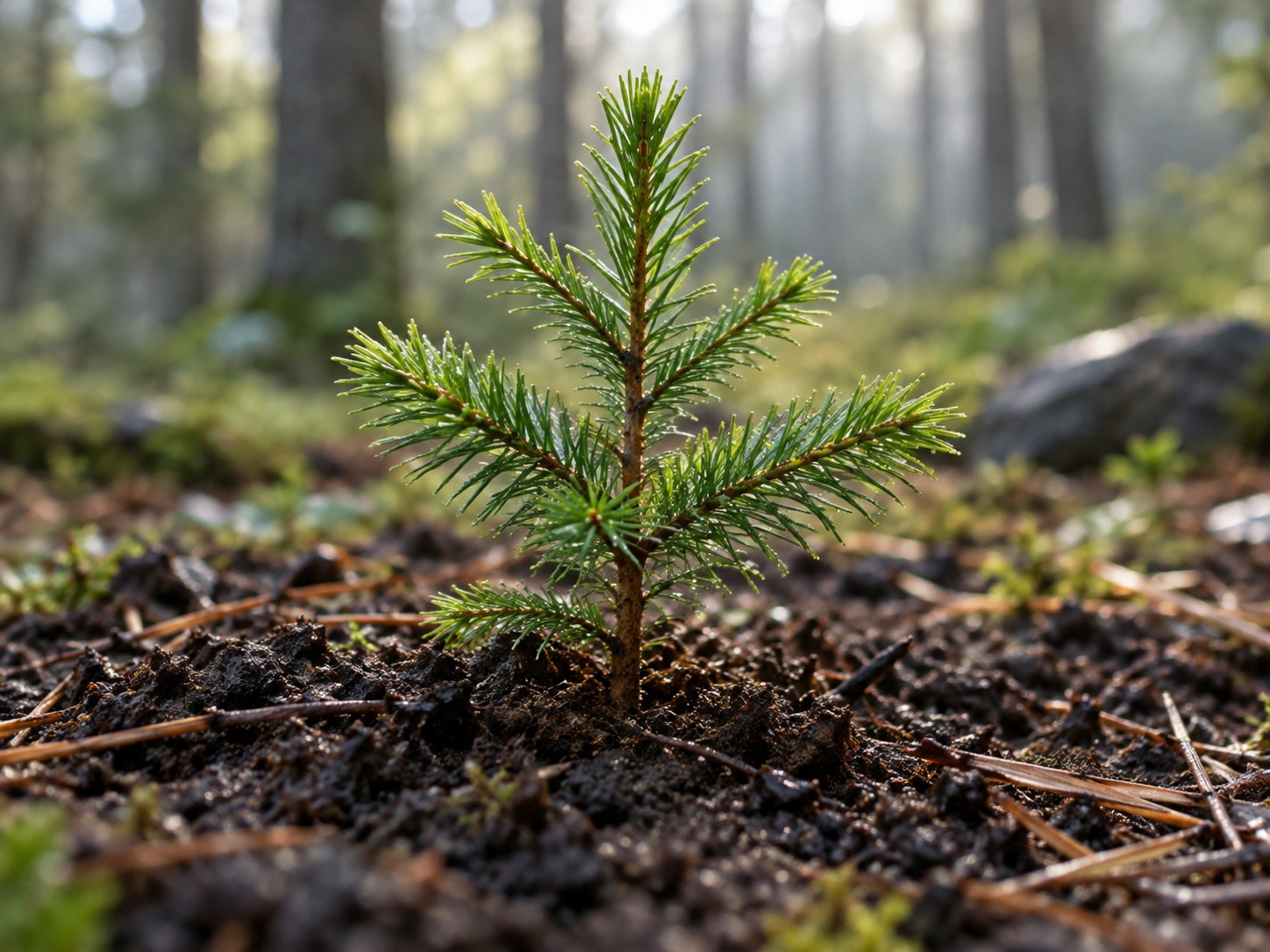 Illustrative young conifer seedling growing from forest soil