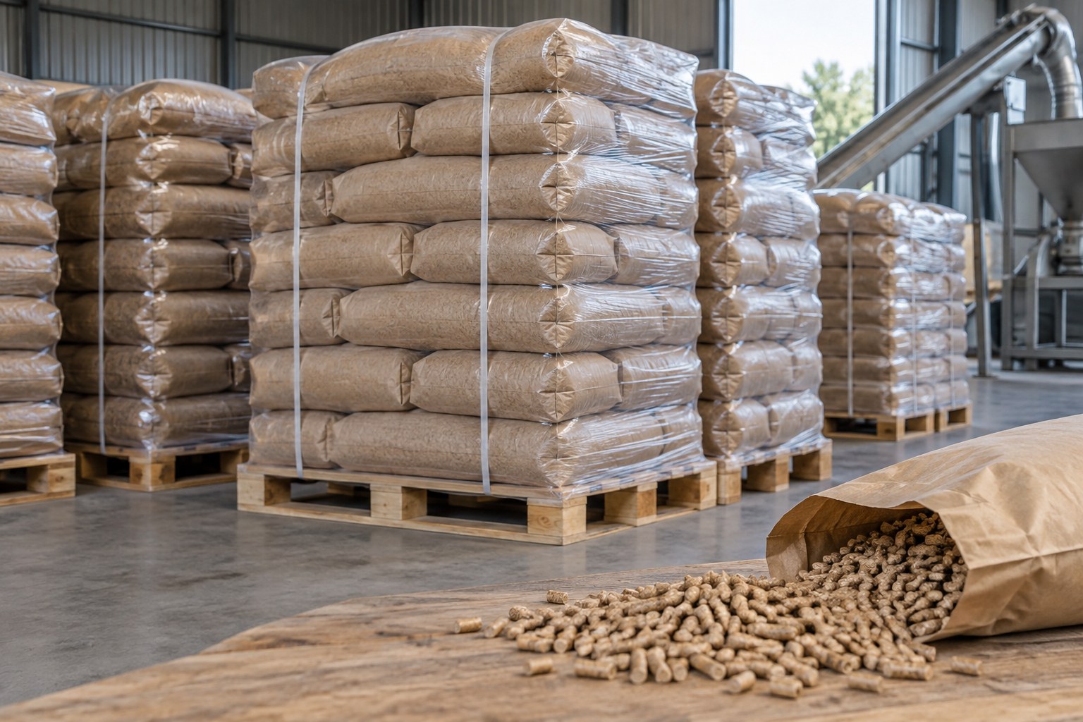 Illustrative palletized bags of wood pellets